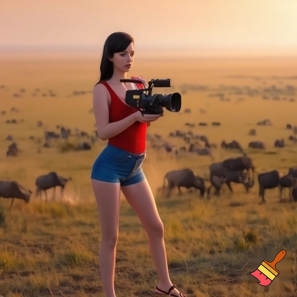 A cute and muscular black-long-and-side-swept-banged-haired fair white woman with arriflex digital camera and wearing red tank top and woman's blue short jeans and putting the sandals on her feet is filmming the plains of the Serengeti in Tanzania.