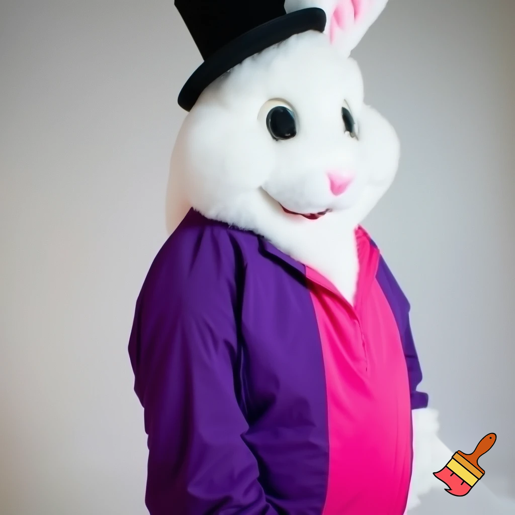 Easter bunny mascot costume top hat a colour face jacket purple and pink