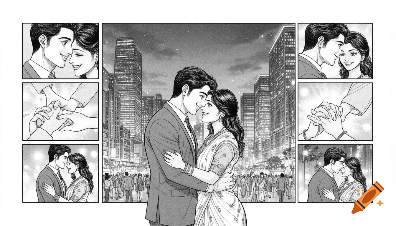 black and white manga first page, Indian couple in love living abroad, modern city outside India, soft romantic atmosphere, detailed ink line art, Japanese manga style, expressive emotions, gentle body language, cinematic composition, manga panel layout, no color