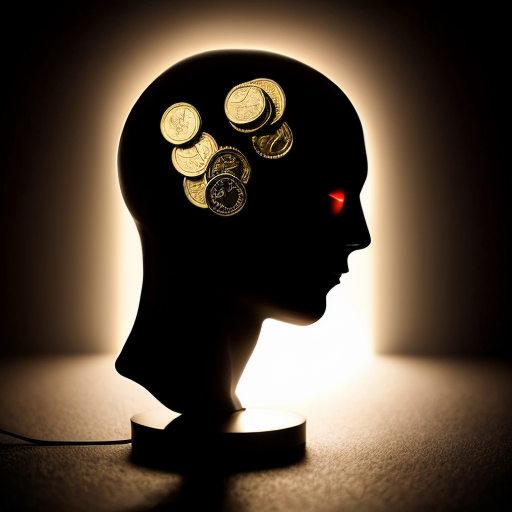 Faceless human silhouette thinking with glowing coins and abstract brain floating around, dark cinematic background, minimalistic style, mysterious and futuristic vibe, high resolution, cinematic lighting, centered composition, professional look