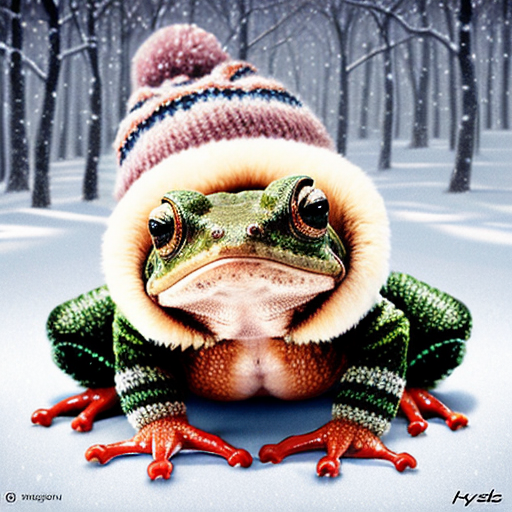 A laughable, puzzled animal toad in woolen, multicoloured winter clothings with woolen winter cap. Hyperrealistic art style.