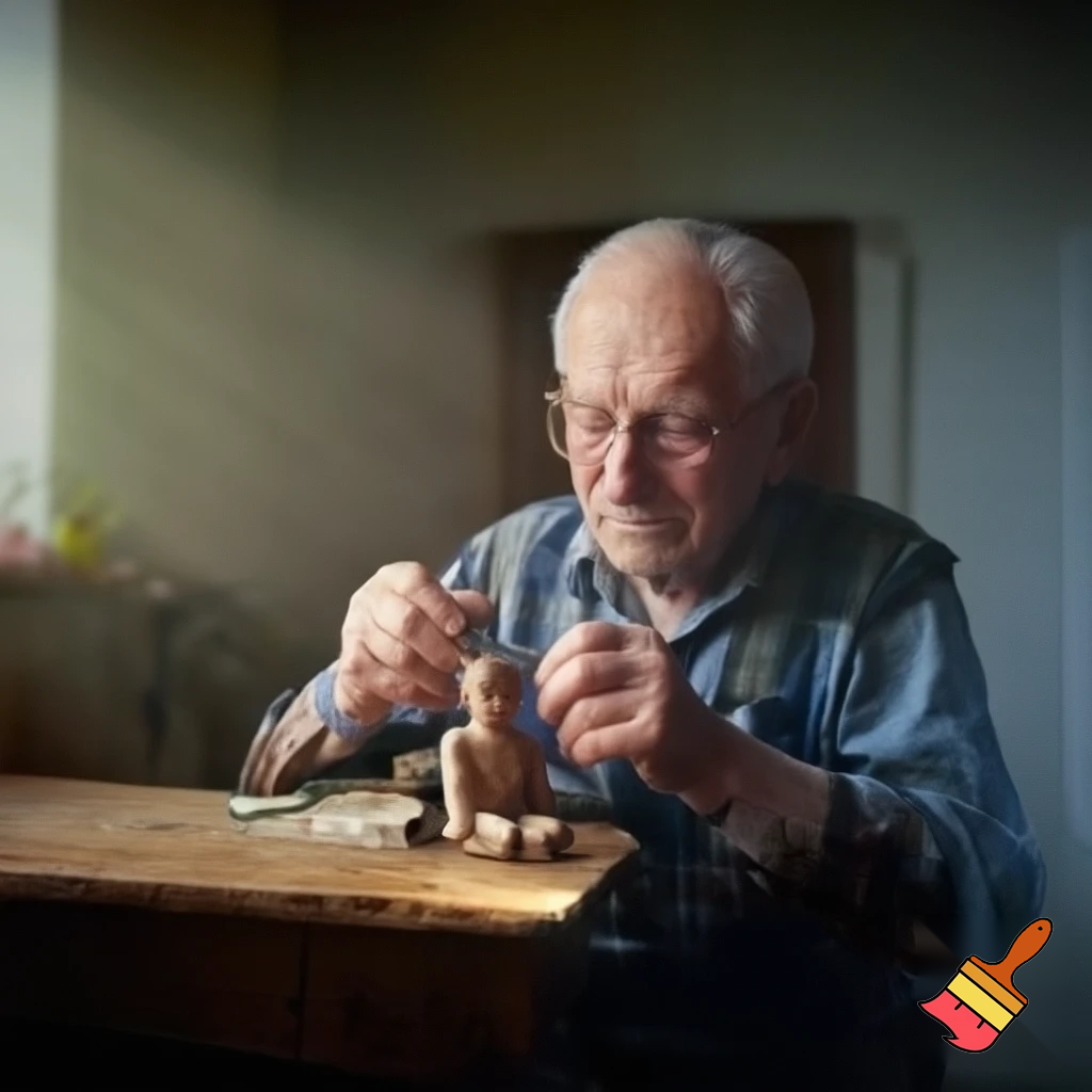 A realistic photograph of an elderly man sitting at a small wooden table, gently repairing a broken doll.
The scene looks natural and lifelike, with soft daylight coming from a nearby window.
The man’s face is warm and kind, with detailed wrinkles and calm eyes.
The background shows a simple cozy room with a nostalgic atmosphere.
Realistic lighting and natural colors.