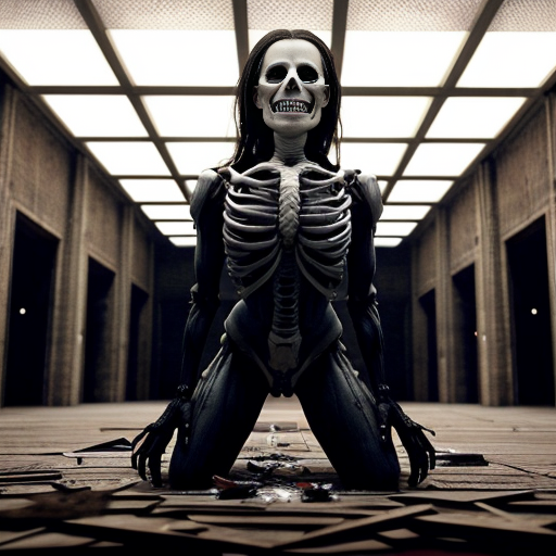 a cathedral-like slaughterhouse of impossible geometry—walls slick with blood that shouldn’t exist in a space this vast, ribbed arches of bone stretching into a ceiling lost in shadow. At the center, a grotesque humanoid figure kneels, its flesh stitched together from flayed skins, faces screaming silently where its muscles should be. Its elongated fingers cradle a still-beating heart, veins dangling like puppet strings, while inverted crosses drip wax onto piles of severed hands arranged in pentagrams. The floor is a mosaic of teeth and shattered glass, reflecting the dim, flickering light of black candles that burn without melting. In the background, silhouettes of twisted figures writhe mid-transformation—half-human, half-something worse—their limbs fused to the walls as if the building itself is digesting them. The air shimmers with the illusion of heat, though the scene is cold enough to see your breath, and every shadow seems to twitch with something just beyond perception.