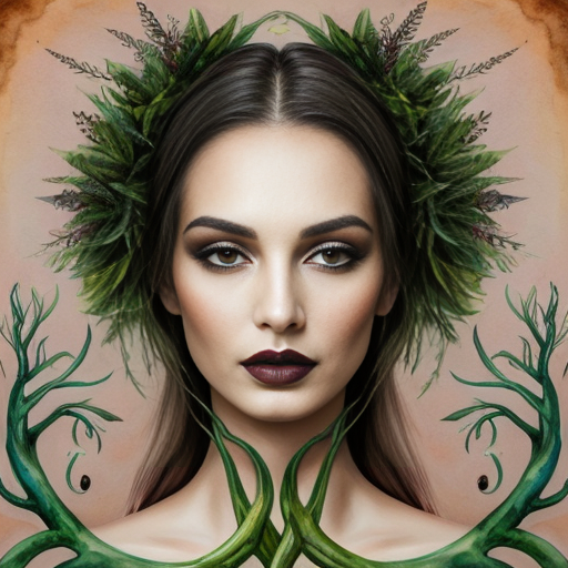 Dark Gothic Branched Woman Face with Fantastic Animals 4K High In surreal fantasy style and Branched in fusion with chlorophyll  Definition Image 