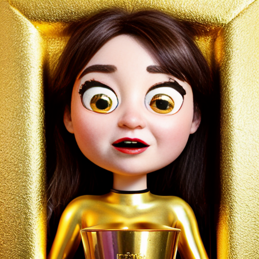 the emotion proud one person gold holding trophy Pixar cartoon style gold skin big eyes happy pretty  gold face