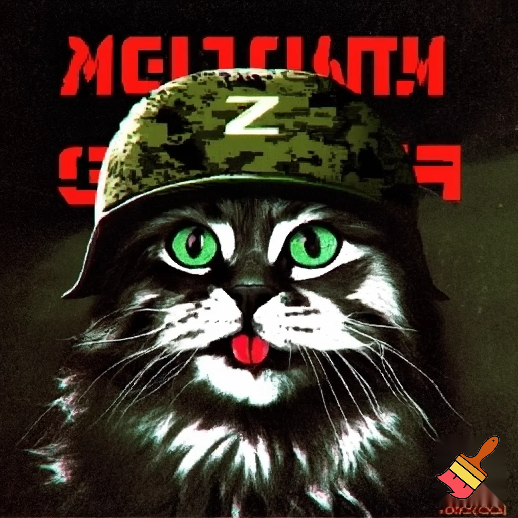 A hyper-realistic close-up portrait of a fluffy gray Siberian cat with bright green eyes, sticking its tongue out playfully. The cat is wearing a digital pixelated camouflage military helmet. The style is a Soviet-era military or socialist realism, with bold stylized graphics, high contrast, and a limited color palette of olive green, black, red, and white. In the background, bold Cyrillic text in red and white: at the top "БООРУЖЕННЫЕ СИЛЫ РОССИИ" (Armed Forces of Russia) and at the bottom "KAMAZ". The letter "Z" is prominently displayed on the side of the helmet or in the background. The image has a slightly grainy, vintage print texture. The mood is ironic and humorous, mixing cuteness with military aesthetics. --style raw --ar 2:3