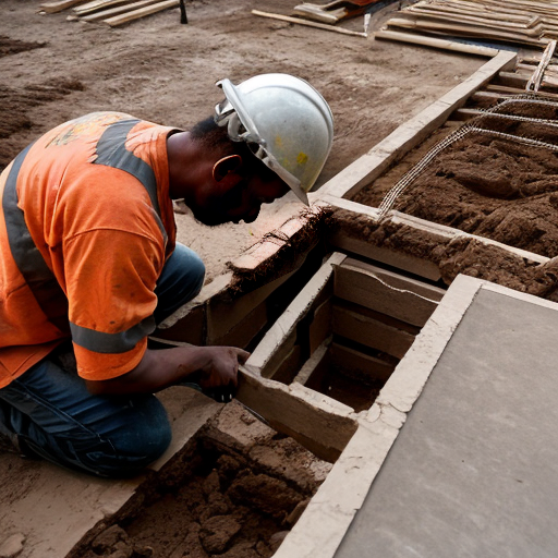 Reinforcement for a slab and bricklaying, African context with steel workers tying the rebar. High definition image