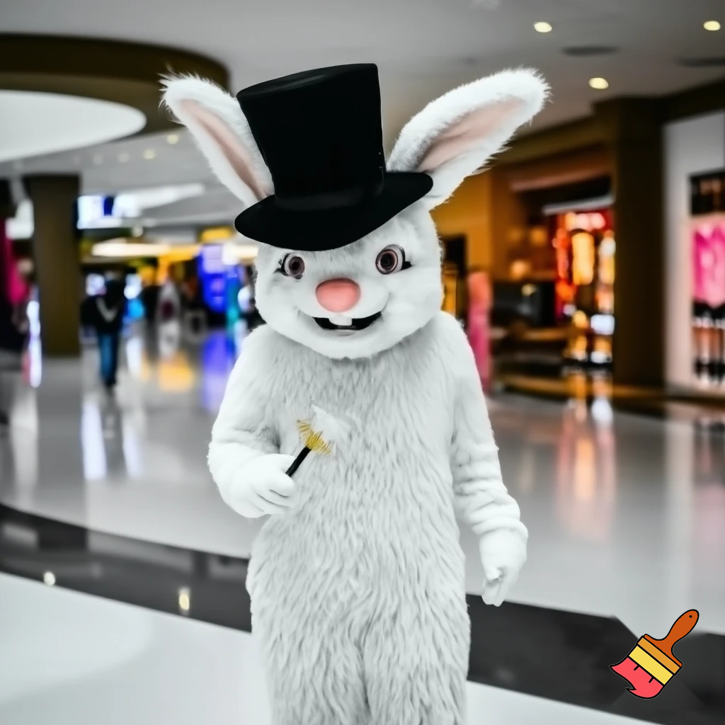 Easter bunny mascot top hat at the shopping centre mascot costume Darrell Lea magic room