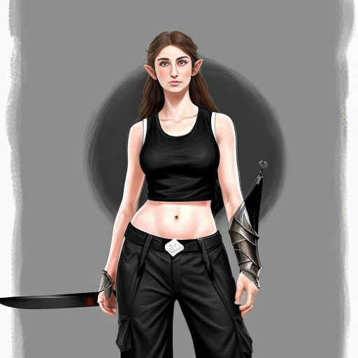 digital painting of an elven androgynous person with pale white skin, long wavy brown hair dressed in all black tank top, wide pants and practical clothing meant for combat (but not armor) mercenary clothing and carrying a a large sword behind