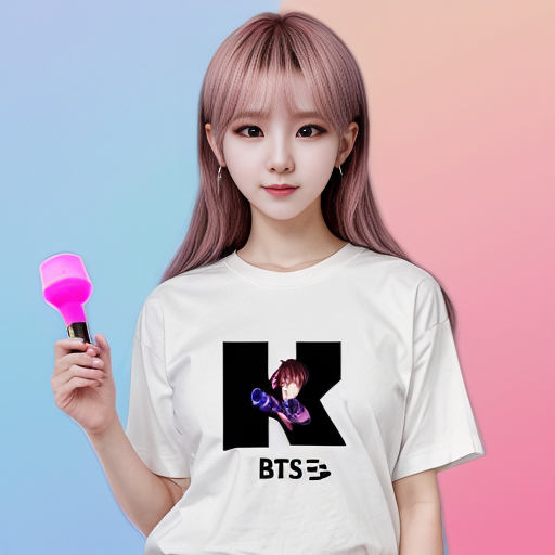 an anime girl holding a bts lightstick and has neni written on her shirt
