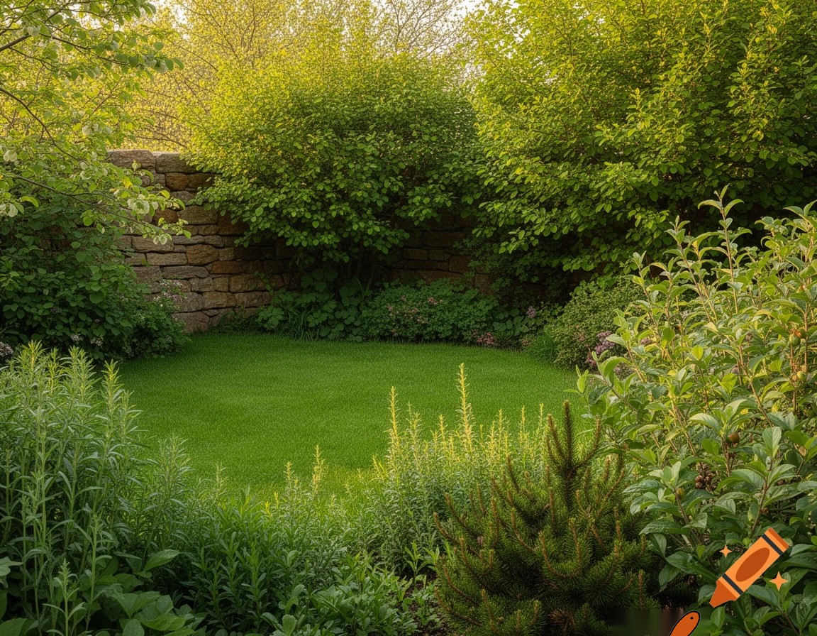 Realistic natural garden, excavator removed.
Green lawn in the center.
Low natural sandstone wall about 50 cm high along the top and right side.
Dense shrubs between wall and fence for privacy.
Herbs, fruit plants, and evergreen edible shrubs like juniper.
Natural, slightly wild but well maintained garden.
Spring or early summer, natural light, photographic style.