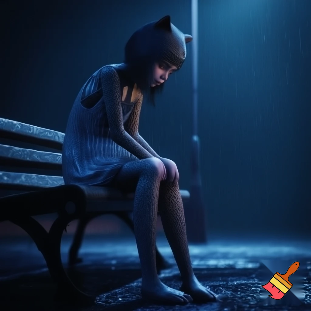 “3D cinematic shot of the cat-girl sitting on a street bench under a dim streetlight, drenched clothes, soft raindrops on fur, eyes downward, emotional mood, dark blue night tone, high detail, same character face and dress.”
