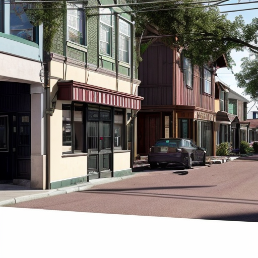 Generate an suburban neighborhood with one main rectilinear street and smaller, local streets separating off of it in a curved, varied manner. The urban space should have small street blocks with 5 or 6 uniform rectangular parcels and an interstate highway running along the edge of the neighborhood. Parcels should contain small square buildings and green garden areas behind them. Buildings should be mainly vernacular residential buildings (small homes) of about 2-3 floors with 2 or three small-scale commercial businesses on every other corner along the main street. 