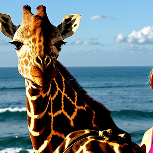 a giraffe next to a dog in front of the ocean