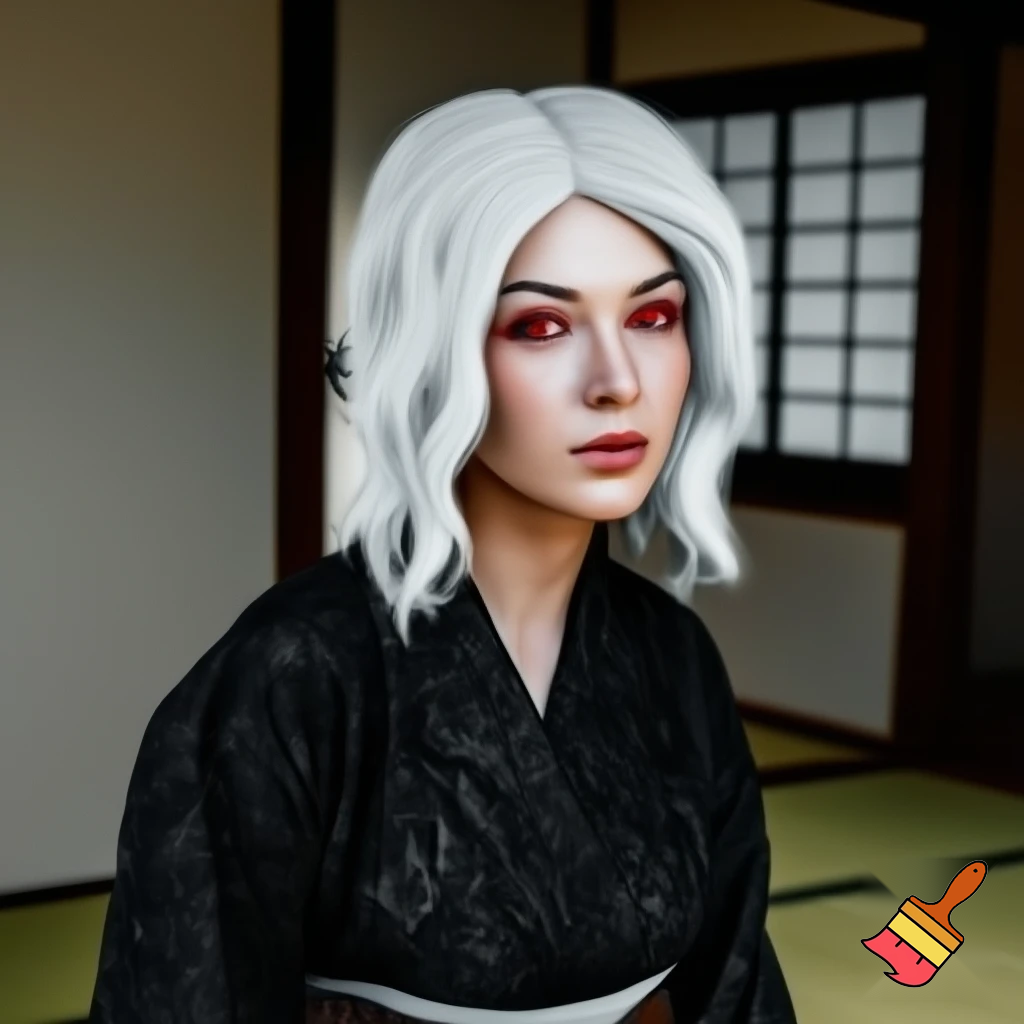 anime girl with white hair and red eyes and cultural japonese clothes black