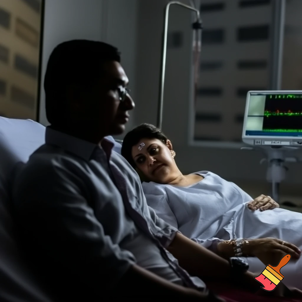 Kannst du ein Bild generieren wie Tarek zia seine Mutter in Krankenhaus besucht während khaleda zia auf dem Bett liegt  