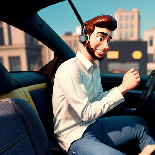Pixar-style 3D cartoon, young Muslim man, 20 years old, beard, black jeans, white shirt, sitting in a car, holding phone to his ear, answering a call, relaxed pose, cartoon face with big expressive eyes, city visible through car windows in the background, bright friendly colors, cinematic lighting, simple cartoon style