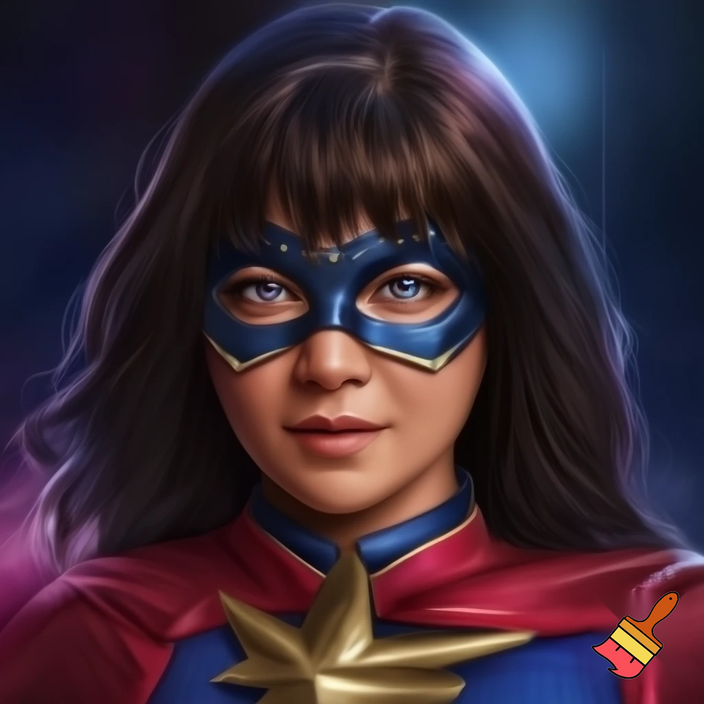 Kate Bishop black hair Blue Eyes white skin marrying ms marvel Kamala khan brown skin dark brown hair dark eyes blue mask red blue outfit 