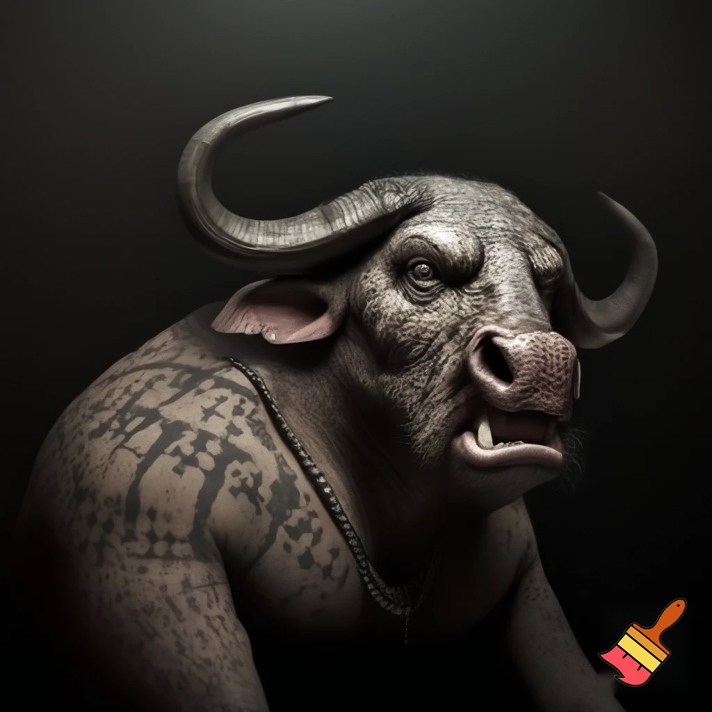 Water buffalo
deadly
feral
evil
guilty
face tattoo
prison outfit
mugshot