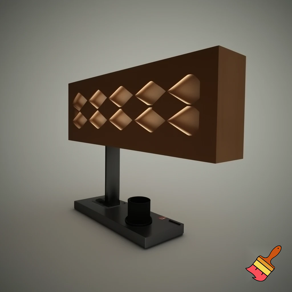 can you generate a light that is a long wooden cuboid and has indentations in it going diamond line diamond line and at the bottom is a base that has a charging socket, a colourchanging button and a on