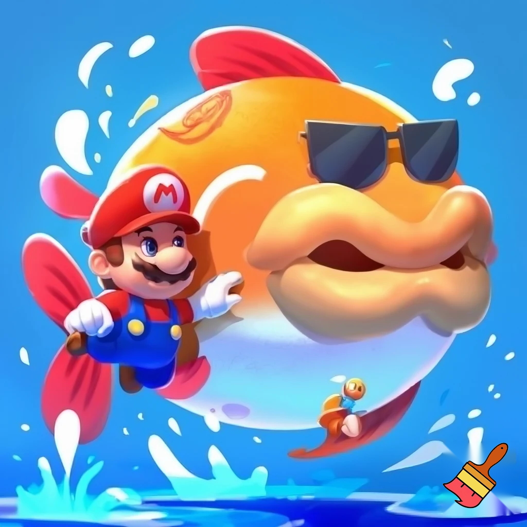 mario being eaten by a giant orange fish with dark sunglasses, a white underbelly, red fins, and fat tan lips. 2d cartoon art style, cute