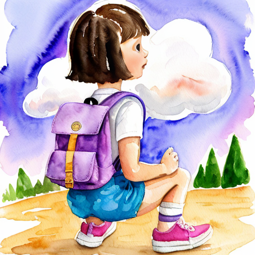 Little Dora purple backpack pink t-shirt orange short pants yellow socks white sneakers on a sitting big cloud in the sky from Dora the Explorer. migration