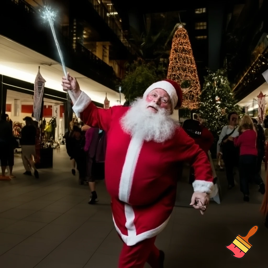 Santa Claus dancing shopping Centre walking Australian magic walking stick walking stick star running outside of the shopping centre on the Christmas tree