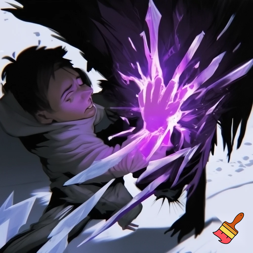 boy with his hand out to the right, purple tinted ice erupting from his hand and enveloping a wolf