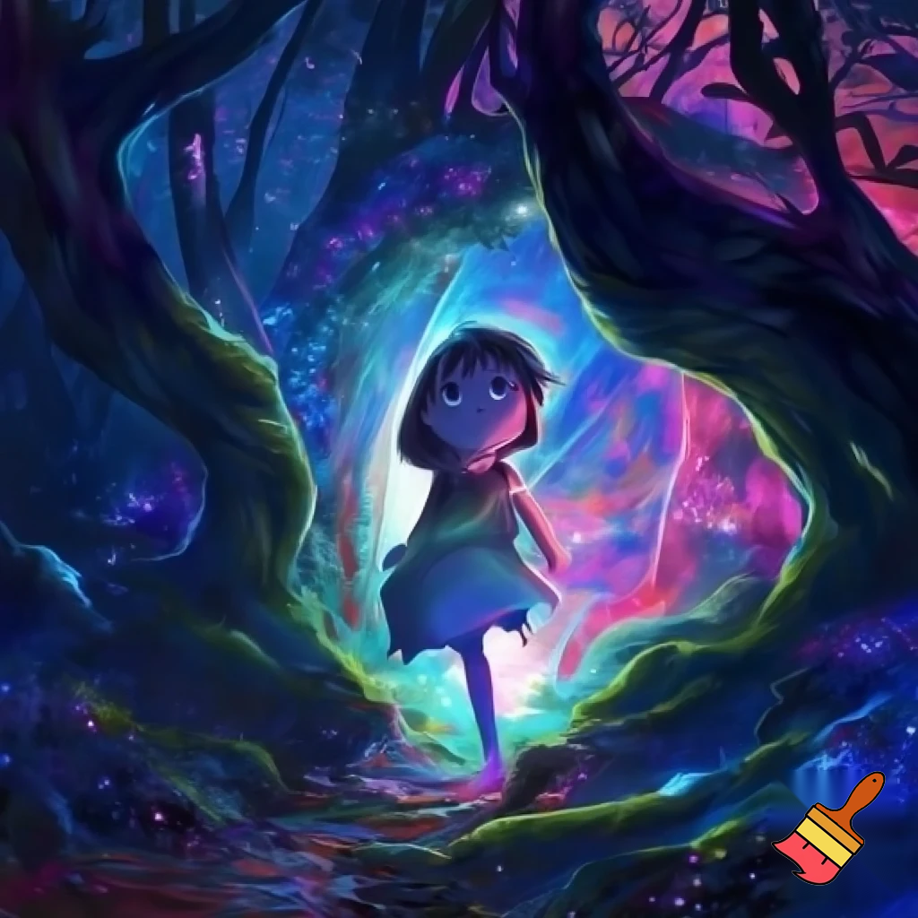 a girl entering a world in an enchanted forest blue, purple ,pink and ,black
 
a girl entering a world in an enchanted forest blue, purple ,pink and ,black
 