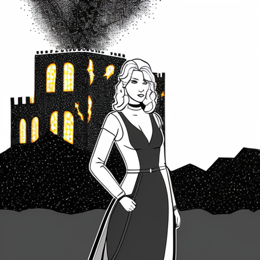 young, tall, white-haired woman in armor stands in front of a burning castle into which meteorites are falling.