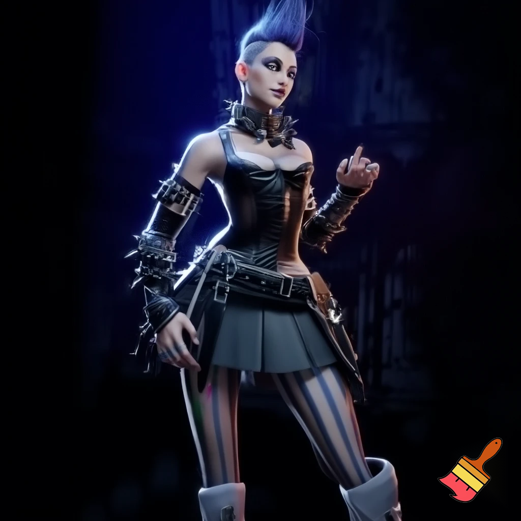 Attractive woman with an undercut and bold makeup wearing a spiked collar, buckle arm warmers, a corset, a body belt, a pleated skirt, vertical striped stockings and platform boots 