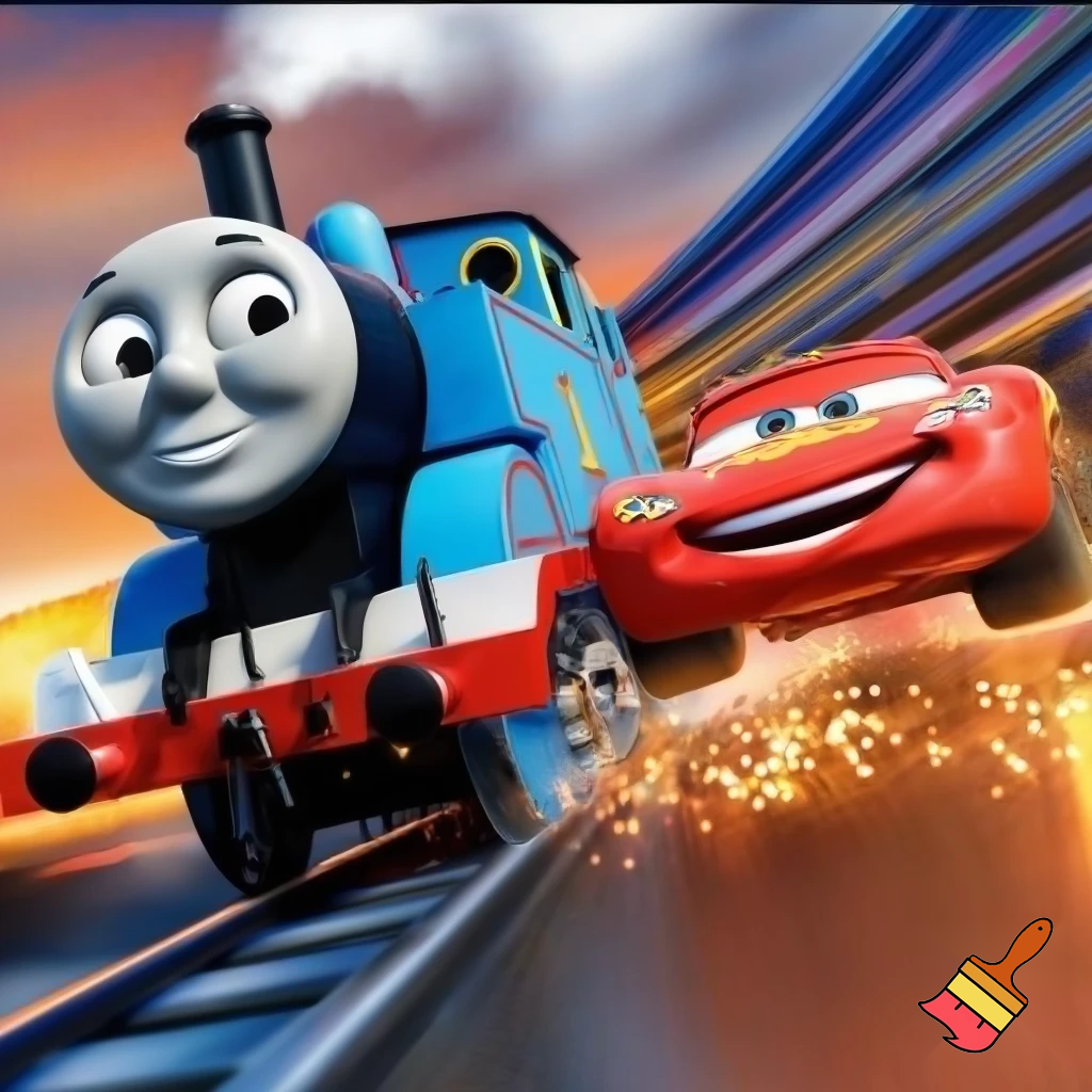 Thomas the tank engine racing with lightning McQueen