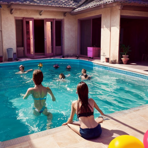 A girl in a pool party now make them turn around touch make them stand on the ground and touch their toes like inside the house
