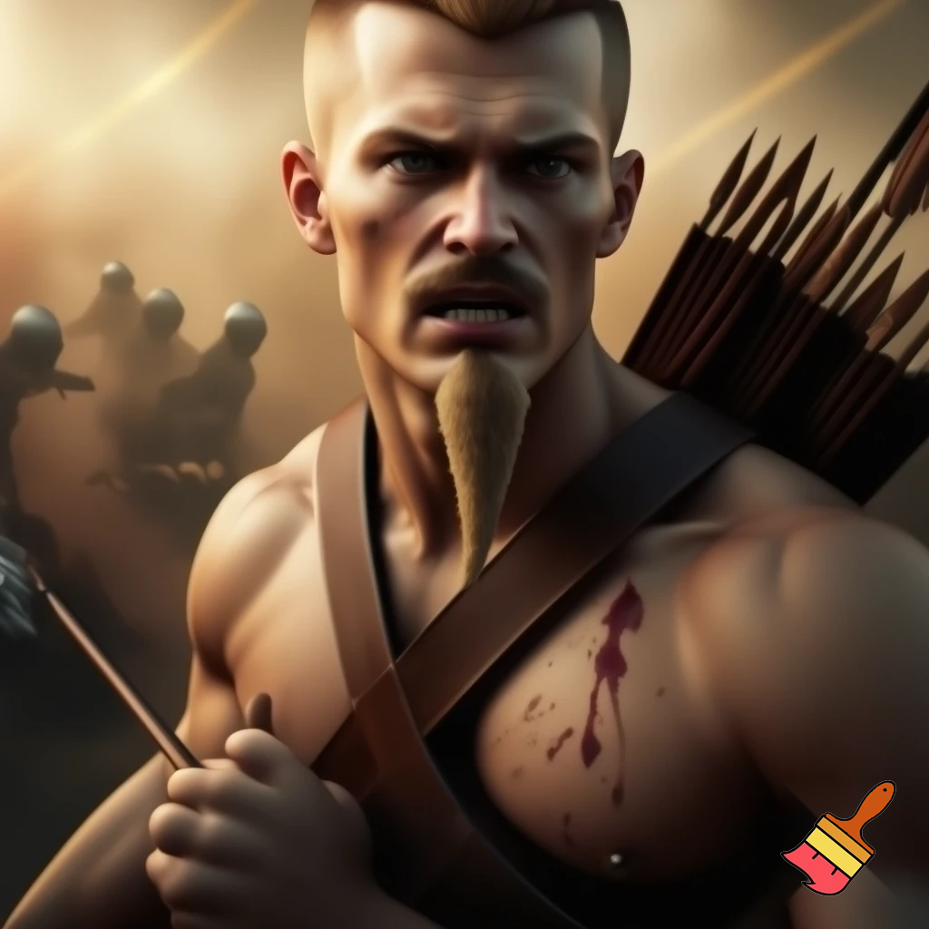 A realistic battlefield photograph of a muscular medieval archer with fair skin, shown from the waist up. He has a short blond flattop haircut, a pointed goatee connected to his mustache, and clean-shaven cheeks. He wears a leather strap across his chest and a full leather quiver of arrows on his back. He has a bloody arrow embedded in the left side of his chest, and his strong hand is gripping the shaft of the arrow near the wound. His expression shows pain and shock, and the background is filled with dust, blurred soldiers, and warm sunlight.