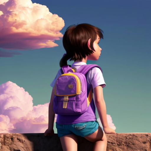 Little Dora purple backpack pink t-shirt orange short pants yellow socks white sneakers on a sitting big cloud in the sky. migration