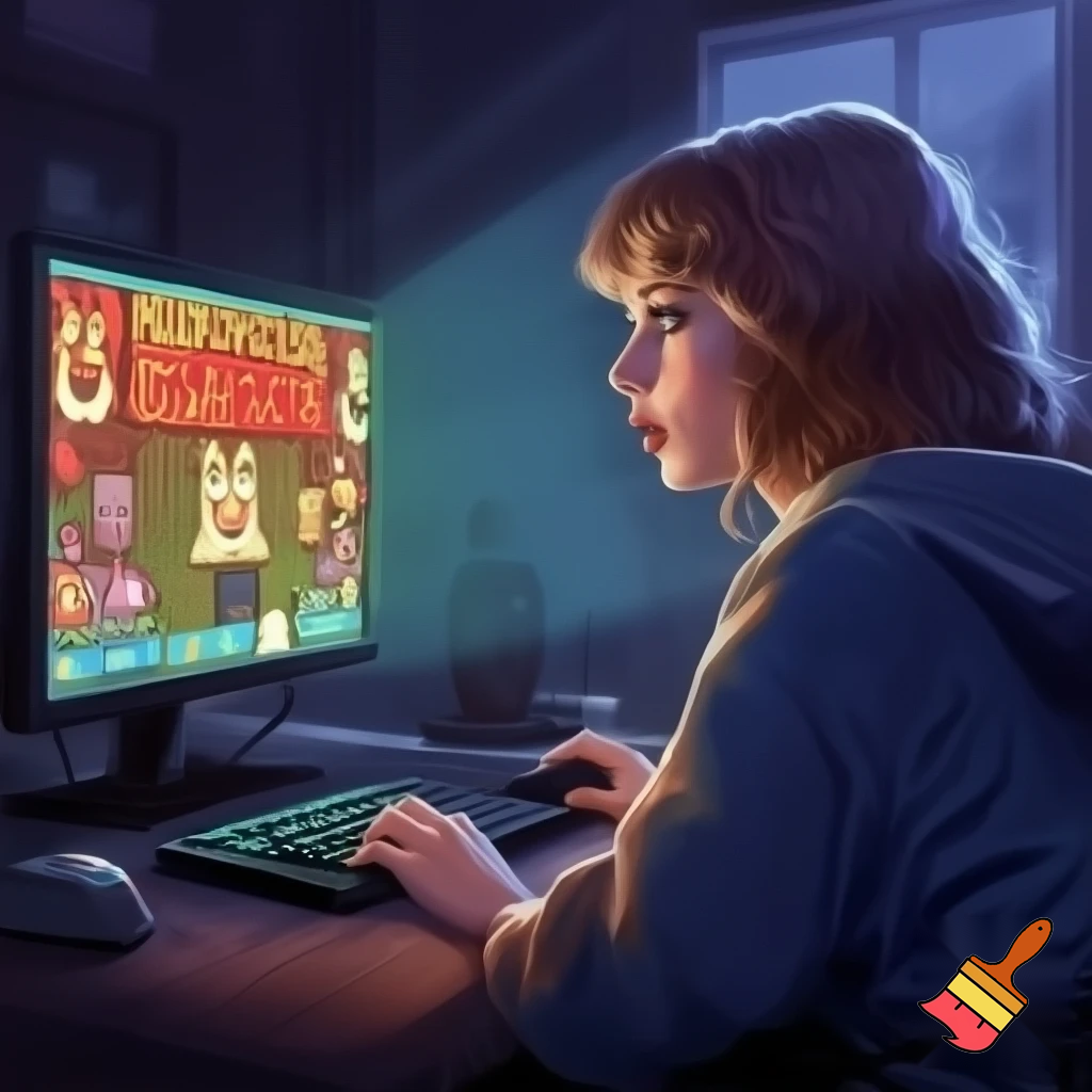 Taylor playing five nights at Freddy's pizzeria simulator. She is at her desktop playing the game