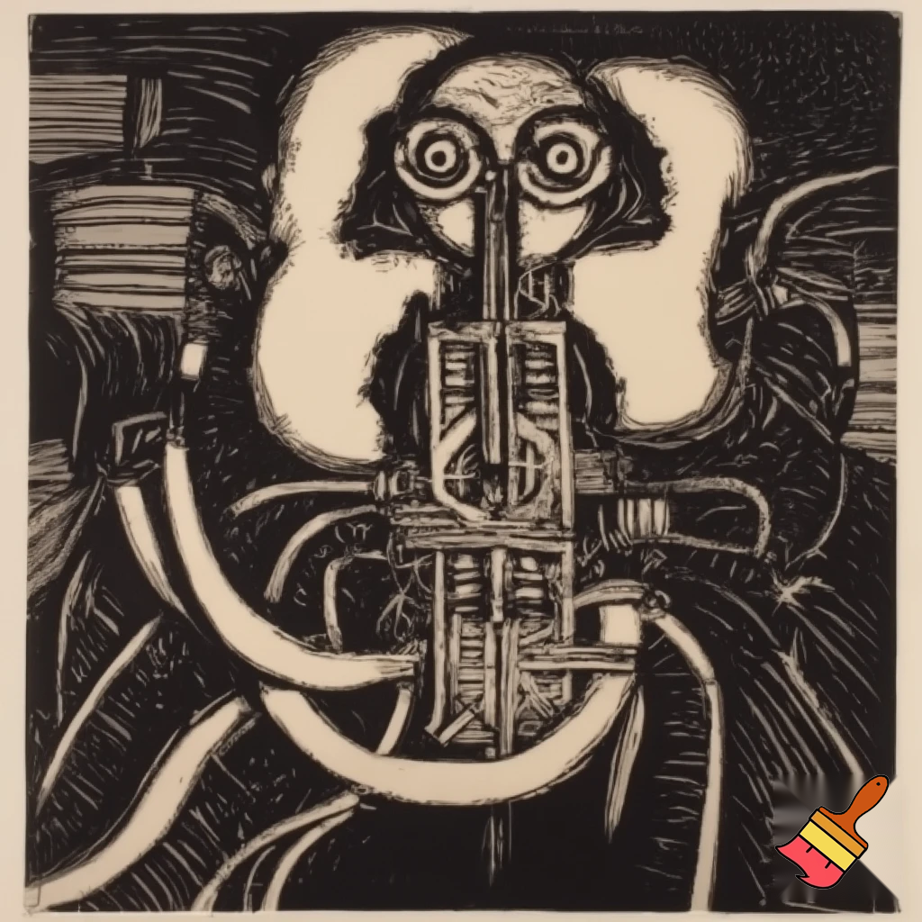 Bio-mechanical post-human noise art. In the style of a 1920's German Expressionist woodcut print. Black & white.