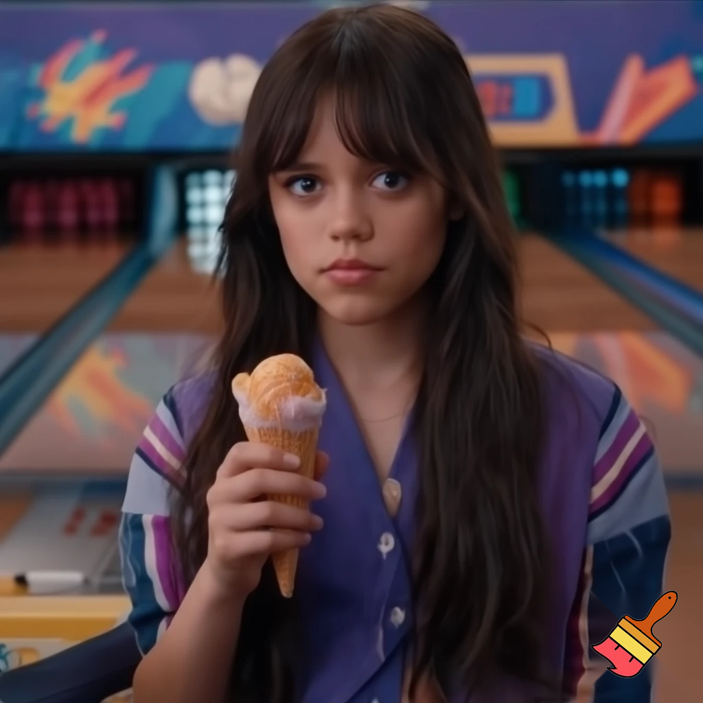 Jenna Ortega eating ice cream at a bowling place 