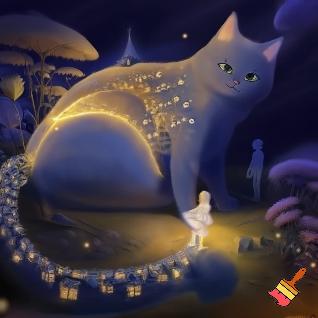 Можешь создать картинку - огромный кот на фоне сказочной природы , сквозь  его тело  проходит дорога во вселенную, его шкура состоит из домиков сказочных, его хвост пушистый полосатый в виде дороги, по которой идет юная девочка в полупрозрачном легком платьице , босиком, а на выходе из кота полупрозрачный силуэт взрослой девушки.