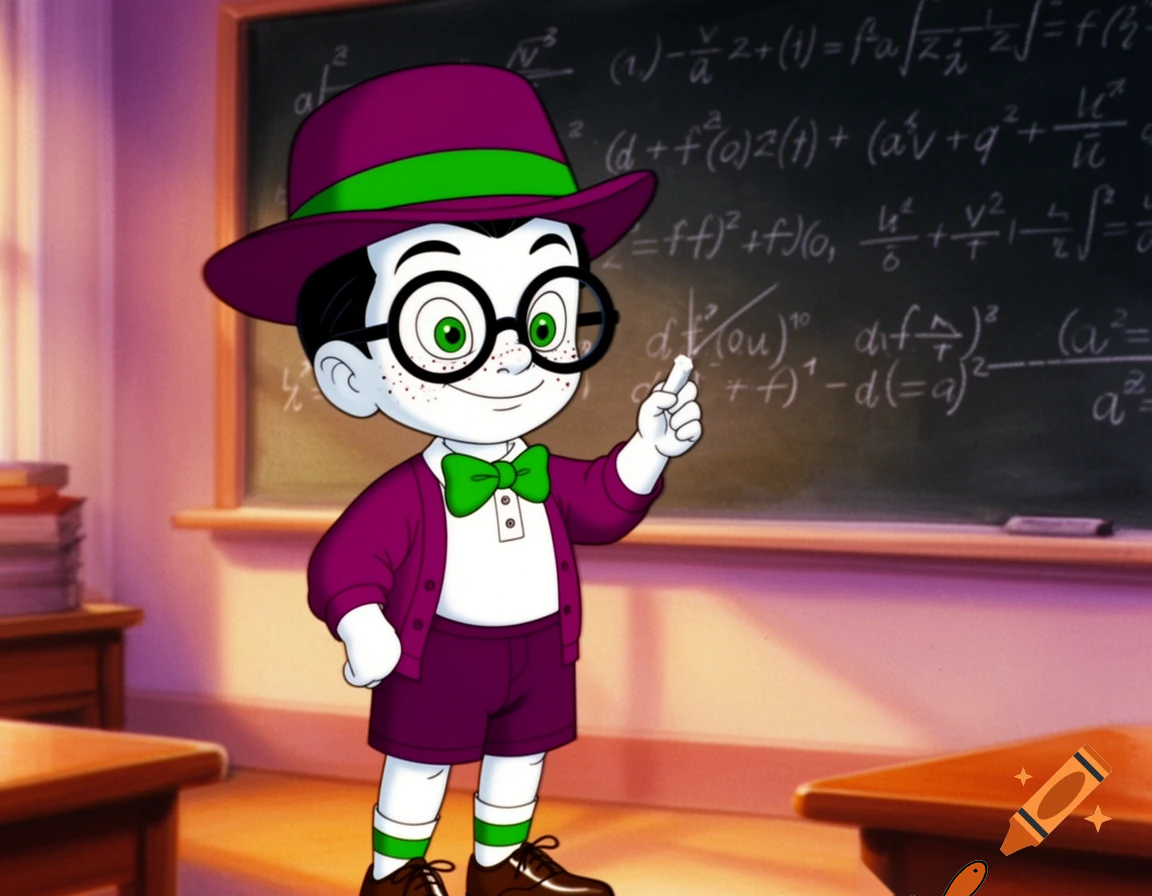 A scene from a 1980's animated Don Bluth movie of a little boy with pale skin, green eyes, freckles, short black combed-back hair, wearing a plum purple trilby hat with a green band, big round black glasses, a white short-sleeved polo shirt with a plum purple cardigan sweater over it, a green bowtie, darker plum purple shorts, white & green striped socks, and darker plum purple oxford shoes, holding a piece of chalk in his hand, and standing in front of a chalkboard with a ton of equations written on it, with a smug smile on his face.
