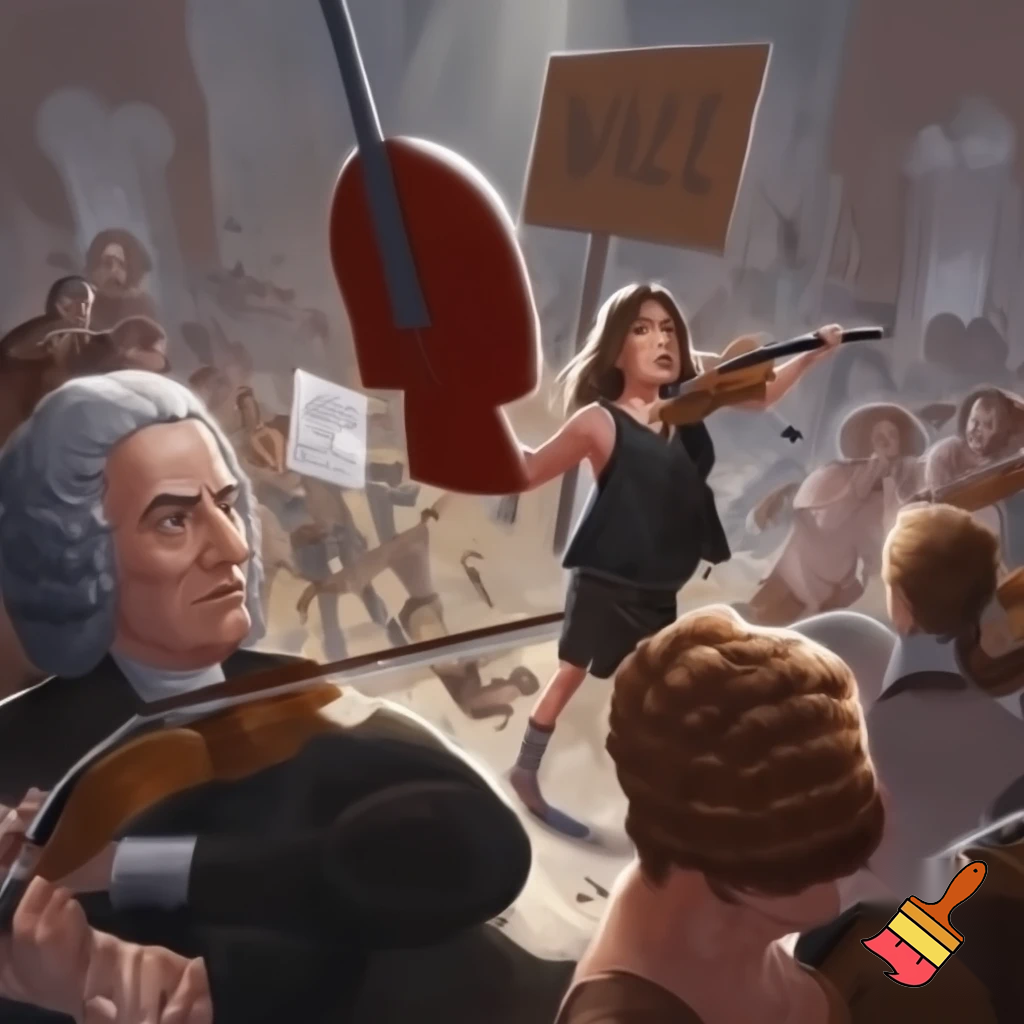 woman protesting violins with counter protesters being bach and motzart and there is people with signs fighting in the background smashing violins 