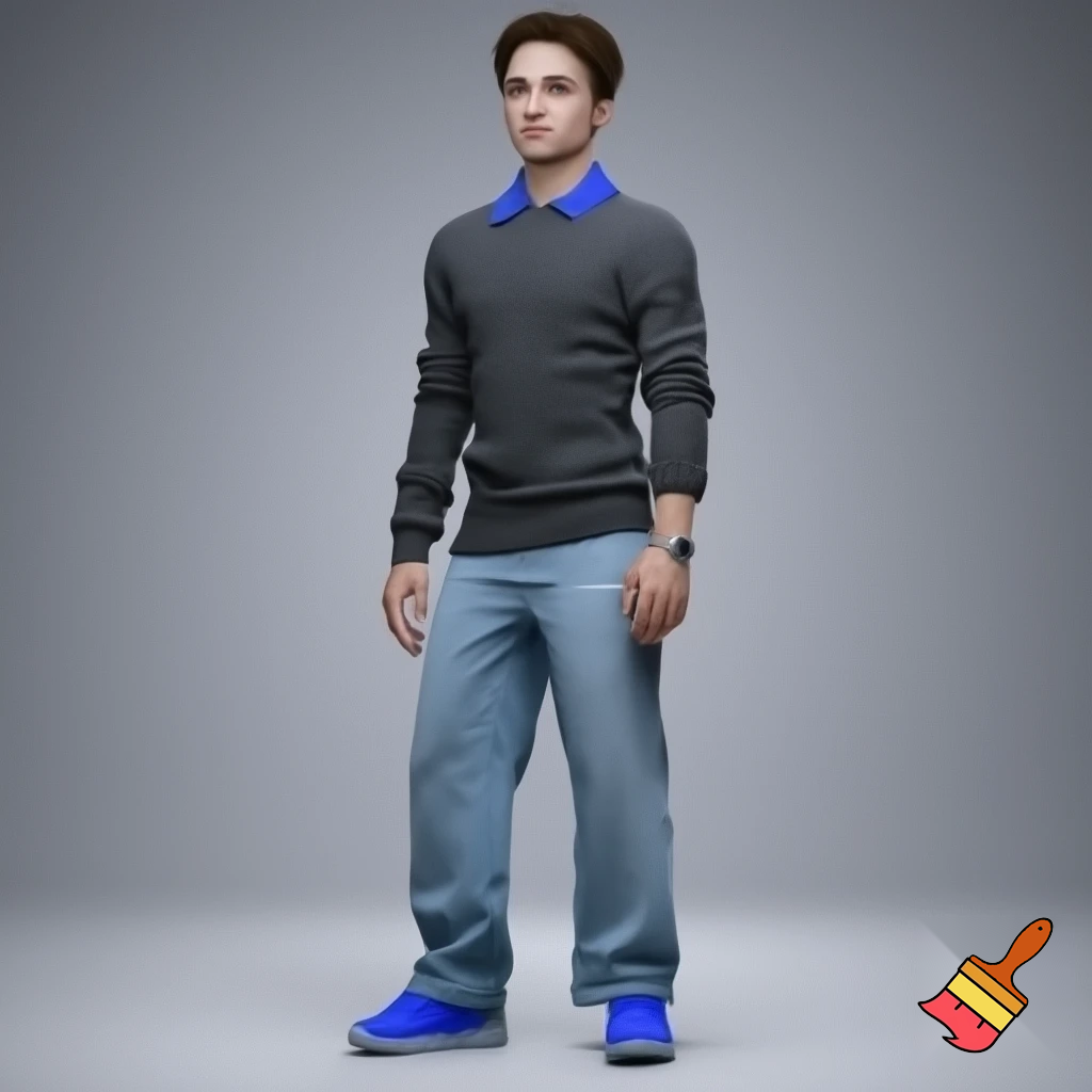 Moos is wearing a grey sweater and a blue baggy jeans and a blue polo. For the accessories Moos is wearing a rolex and blue shoes.  