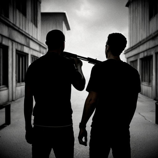 Two young adult brothers, slightly older than teenagers, standing back-to-back, looking forward in a gritty urban setting. They have North African features and wear casual, slightly worn street clothes. Each holds only one pistol, symbolically, representing strength, loyalty, and brotherhood. Stylized, semi-realistic illustration in black and white, cinematic lighting, moody and dramatic atmosphere. Iconic, emblem-like composition suitable for a clothing brand logo. Focus on attitude and symbolism, not realistic violence. Slightly exaggerated, graphic illustration style