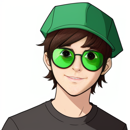  anime teenage boy with a green hat with a minecraft tnt design on it, green eyes, black glasses and a green jumper