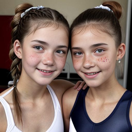 Two 17 year old girls. The one on the left has light brown hair and dutch braids going up to a bun green eyes freckles and fairly tan skin. The girl on the right has dark brown hair and blue eyes and a little bit paler skin they both have light blue and white gymnastics leotards that says ELITE