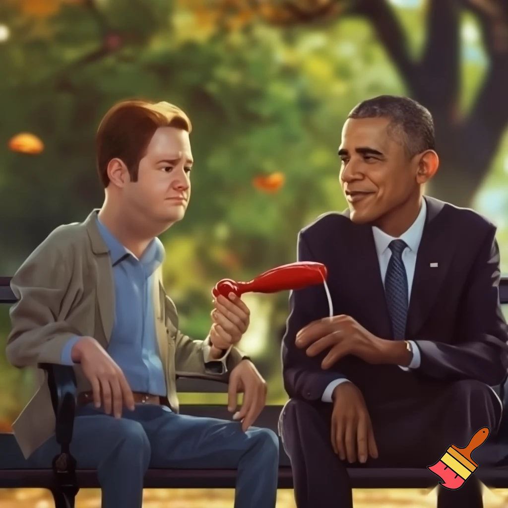 Make a picture of Charlie Kirk and Obama sharing twizzlers

