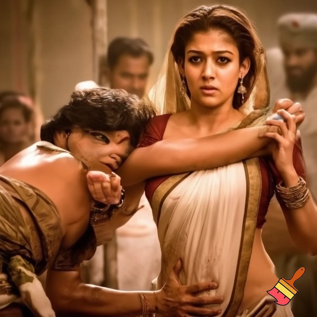 Dominant strong nayanthara saree rapes her weak husband on their wedding anniversary by kneeing him on the groin to forcefully submit him during a domestic dispute between them to decide on the ruler of the house. she thrusts force on him to create maximum pain as she subdued him. His strength is of no match to her powerful hold and he couldn't free himself from her hold. Her beauty is soo seductive to him but he has no energy left to challenge her and she completely obliterates him. He yields to her dominance by submission. Reveal her toned back, body, strong buttocks and boobs in saree and his sweat as a result of tiring fight. Make it realistic and believable. She punishes him relentlessly as she exposed her strength, figure,and emotions, no one there to help him as he pleads for mercy
