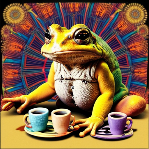 A hillarious, funny boho toad with some hippie colored coffee cups. Psychedelic decorated background.