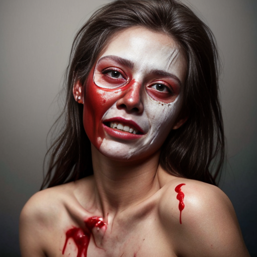 creepy woman with blood on right side of face