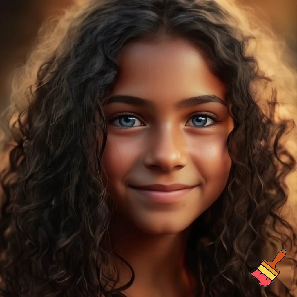A 12 year old girl with curly hair blue eyes with tan skin
